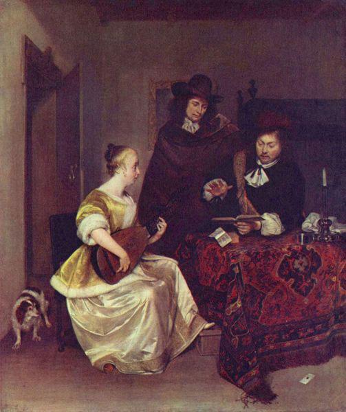 Gerard ter Borch the Younger A Woman playing a Theorbo to Two Men oil painting image